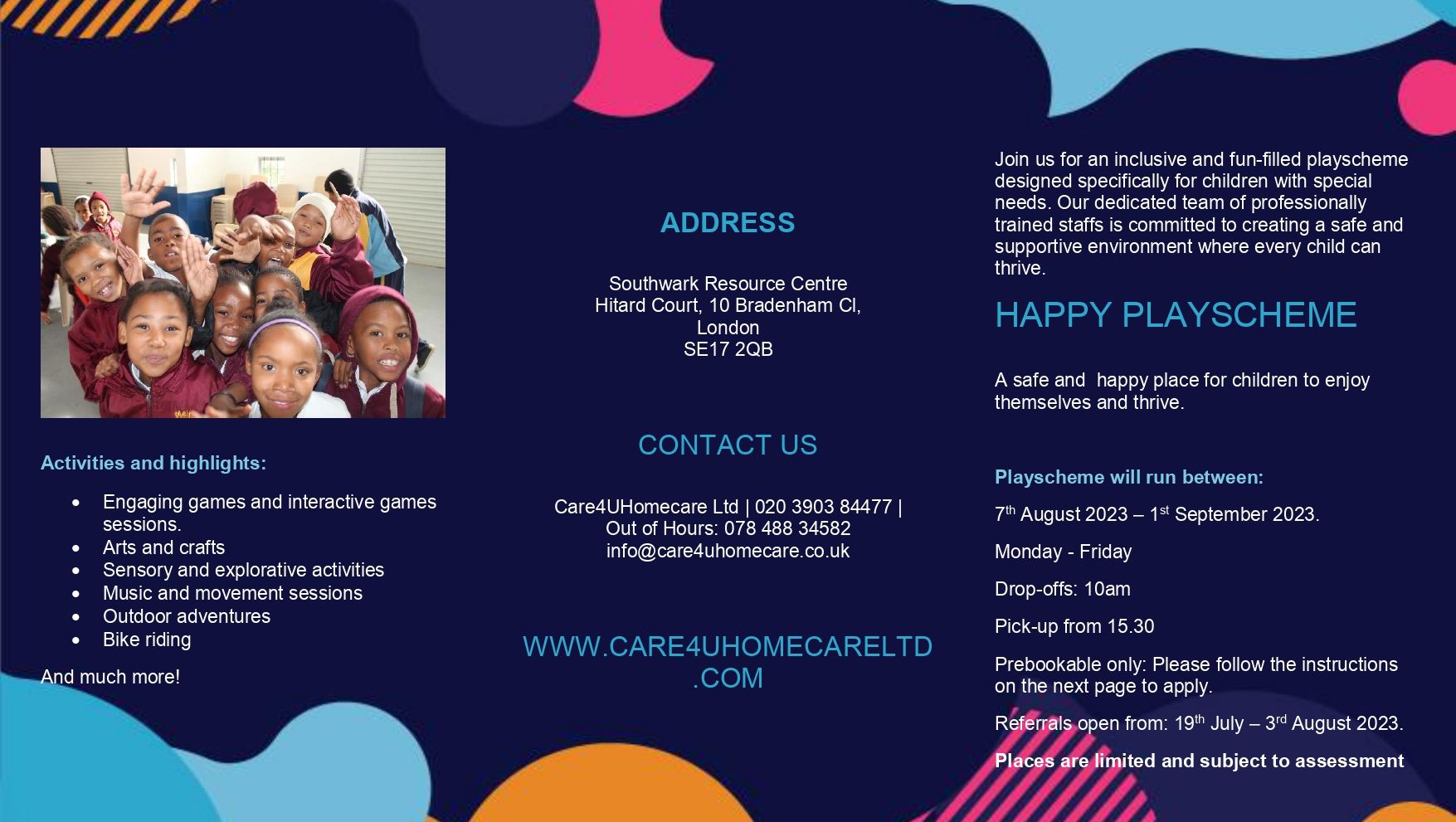 Summer playscheme flyer for Care4uhomecare